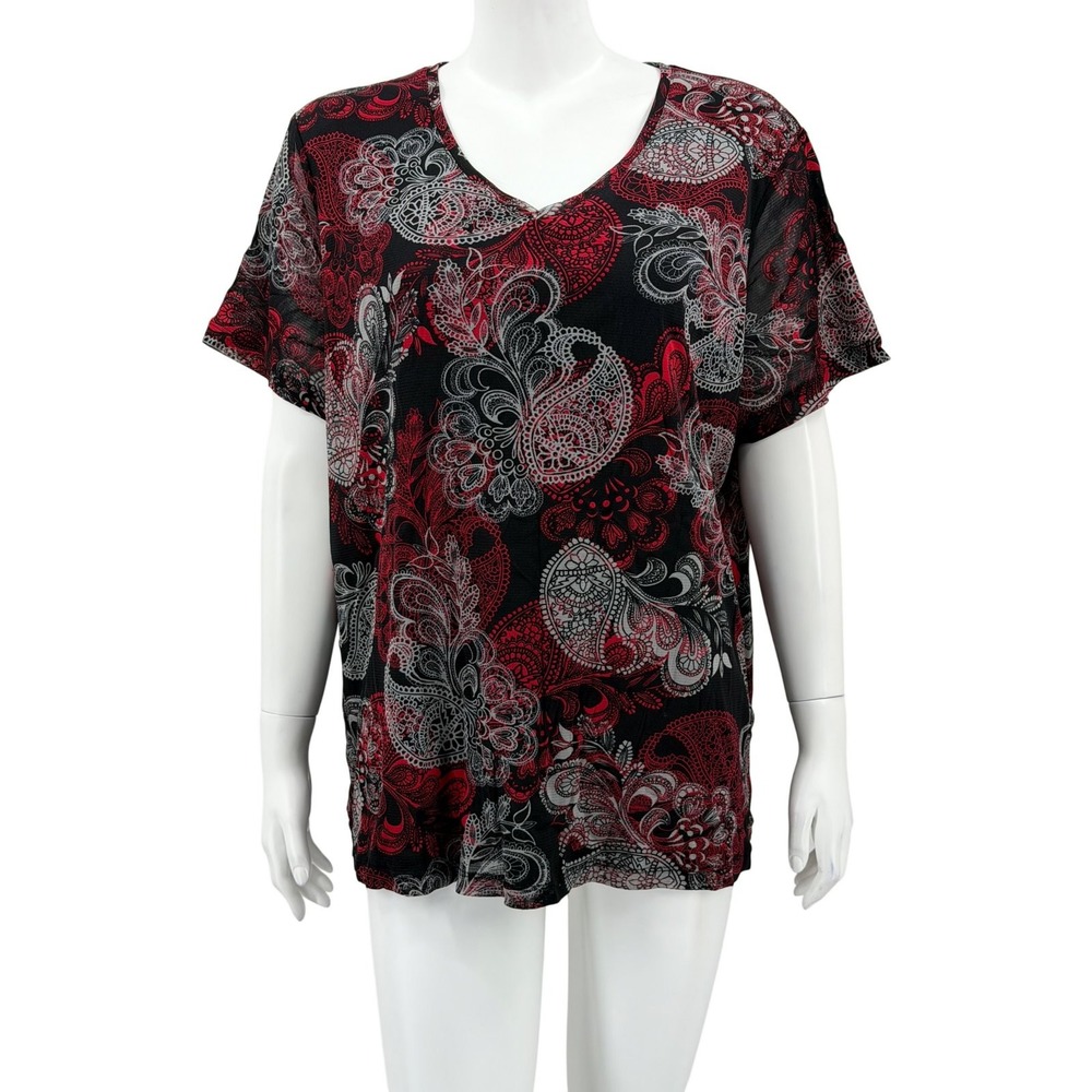Croft & Barrow Top Women 3X Black Red Paisley V-Neck Office Dark Boho Whimsigoth